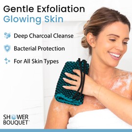 Shower Bouquet Japanese Exfoliating Washcloth for Back & Body - Charcoal & Silver Ion Exfoliating Towel with Handles - Two-Sided Gentle Exfoliation & Deep Cleansing Soft Body Wash Cloths for Shower - Green