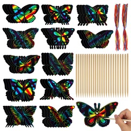 Pack of 48 Butterfly Scratch Pictures, 12 Styles Scratch Pictures for Children, Magic Scratch Paper, Rainbow Scratch Painting with Wooden Sticks and Ribbon for DIY Crafts, Party Decoration