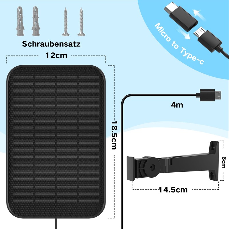 virtavo Solar Panel for Outdoor Camera, Waterproof Solar Charger, Continuous