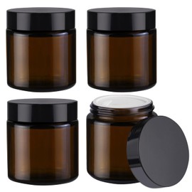 BOSMIOW 4Pcs 100g/3.4oz Amber Round Glass Jars Brown Facial Cream Packaging Pot Leak Proof Cosmetic Bottles with Plastic Inner Liners and Lids for Balm,Lotion,Aloe Gel,Body Scrub