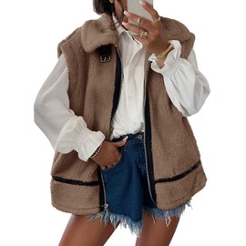 Tankaneo Womens Fuzzy Fleece Vest Sleeveless Zip Up Sherpa Jacket Fall Loose Fit Warm Outerwear with Pockets