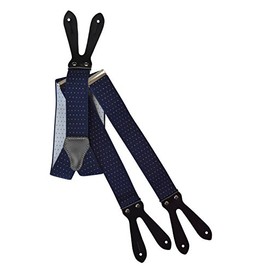 Olata Braces with Buttonhole, Genuine Leather Strap and Pattern - 3.5 cm, Dark blue with white dots