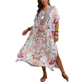 L-Peach Women's Bohemian Loungewear Nightgown Homewear Beach Dress Kimono Maxi Kaftan Oversized Cover ups