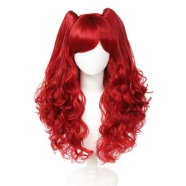 Long Curly Lolita Cosplay Wig with Detachable Clip‑On Double Ponytails, Heat Resistant Synthetic Big Wavy Wigs for Women, Anime Halloween Party Costume (Bright Red)