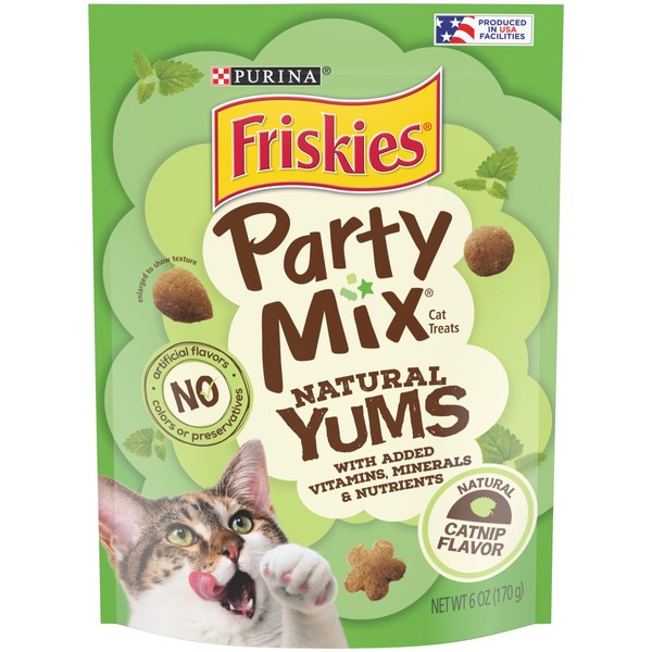 Friskies Made in USA Facilities, Natural Cat Treats, Party Mix Natural Yums Catnip Flavor - (6) 6 oz. Pouches