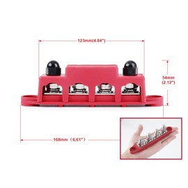 QIOON 12V-48V Bus Bar Power Distribution Block with 4 M8 Terminal Studs, High Performance Module BUSBAR with Cover for Cars RVs Ships Yachts (Red & Black)