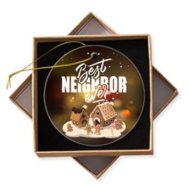 Christmas Ornaments Gift for Neighbors Keepsake Christmas Ornament Xmas Tree Decorations Ceramic Round Ornament with Gift Box 2.95in(Best Neighbor Ever)