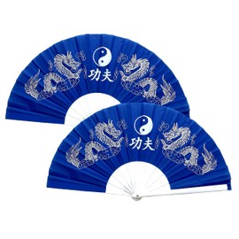 TJ Global Pack of 2 Large Folding Hand Fans with Chinese Dragons for Home Decor, Raves, Festivals, Concerts, Shows - 13 Inch (Blue)