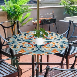 Round Garden Table Cloth With Parasol Hole, Damask Mandala Outdoor Circular Fitted Tablecloth with Umbrella Hole Waterproof Elastic Edged Table Cover for Party Picnic, Fit for 45"-56" Round Tables