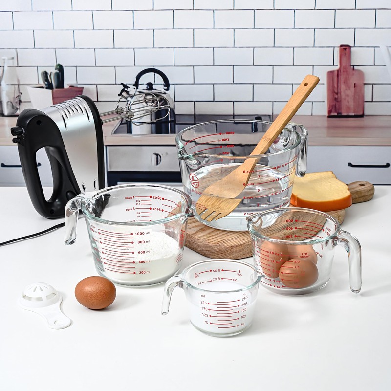 Set of 4 Glass Measuring Cups - Kitchen Mixing Bowl,