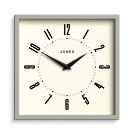 JONES CLOCKS® Box Wall Clock | Retro Square | 10 inch | Gray | Easy to Read Numbers | Perfect Kitchen or Office Clock