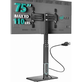 WALI Floor TV Stand with Power Outlet, Tall TV Stand Mount for 32-70 inch TV up to 110 lbs, Swivel and Height Adjustable TV Stands with Wood Base for Bedroom, Office(TVDVD-7P), Black