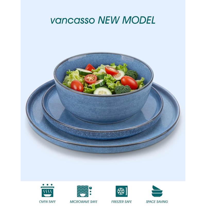 vancasso ANYA 18 Pieces Plates and Bowls Set, Blue Dinnerware
