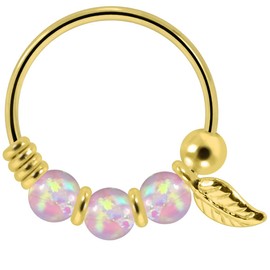AZARIO LONDON 9K Solid Yellow Gold Triple Pink Opal Bead with Leaf 22 Gauge Hoop Nose Piercing Ring Jewellery