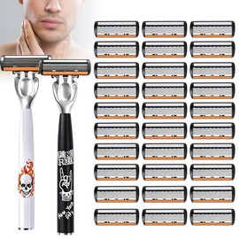 Maquinilla de Afeitar para Hombre con Mango Ergonómico, Precision Stainless Steel Blades, Hojas Reemplazables y Reutilizables, 2 Mangos + 30 Hojas. Ldeal para un Afeitado Apurado.