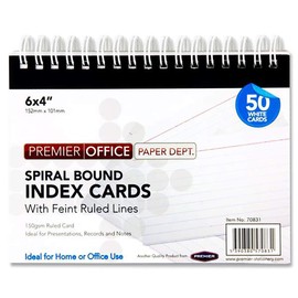 Premier Office Stationery Spiral Bound Index Card. 6X 4". White. 50 Cards., S2870831