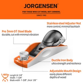 JORGENSEN NO.60-1/2 6-1/4" Wood Planer, Hand Planer for Woodworking, Low Angle Block Plane, Small Hand Plane for Trimming, Wood Planing, Craft - Professional Ductile Iron Body, Adjustable Mouth
