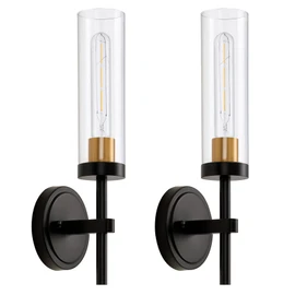 Hardwired Wall Sconces Set of Two, Bathroom Vanity Sconces Wall Lighting with Clear Glass Shade, Black and Gold Modern Farmhouse Wall Mount Lights for Mirror Bedroom Living Room Hallway Entryway