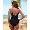 Holipick Hot Pink Black Women Tummy Control One Piece Swimsuit