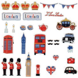 London Fancy Icons Sticker Set - Big Ben, Crowns, Gold State Coach Carriage, Royal Guard, British Moustaches, English Tea Cups and Kettle, Union Jack Heart, Bus, Taxi, Telephone Booth, Post Box, Rain