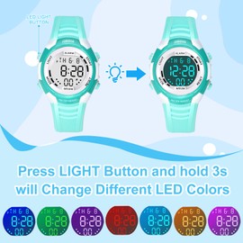 Juboos Children's Digital Watches, 7 Colours LED Light, Children's Sports Watch, Boys, Waterproof Children's Watch with Alarm Stopwatch, Children's Watches, Outdoor Watch for Boys Girls 5-18, Green