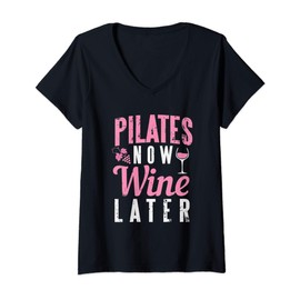 Donna Funny Pilates Now Wine Later Gym Beverage Maglietta con Collo a V