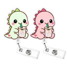 2Pcs Funny Nurse Badge Reel Cute Dino with Iced Coffee | Retractable ID Card Dinosaur Badge Holder | Name Tag Work Badge Clip for RN LPN CNA MA Night Shift Nurse Nursing Student Doctor Gifts