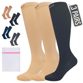 360 RELIEF 360 RELIEF 3 Pairs Flight Compression Socks for Women & Men, Comfortable Travel, Circulation & Leg Relief, Pregnancy Support, XXL, 2Beige+1Black + Laundry Bag