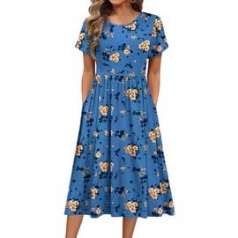 HOTOUCH Midi Dress for Women Summer Dress Short Sleeve V Neck Midi Dresses Fashion Casual Fit Flowy Tiered Boho Beach Vacation Sundress