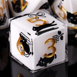 ORUZA 7 PCS Polyhedral DND Dice Resin Sharp Edge Black Cat Dice D&D Set for Dungeons and Dragons RPG MTG Table Games D20 D12 D10 D8 D6 D4 D%