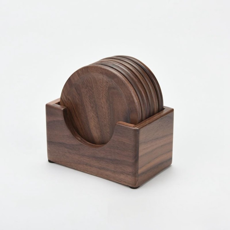 Qarmijaer 6Pcs Walnut Wood Coasters Placemats Decor Round Heat Resistant
