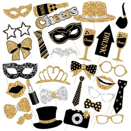 30 Pcs Photo Booth Props, Glitter Party Photo Booth Props or Kid, Birthday Party Photo Prop Mix of Hats, Lipstick, Tie, Crowns for Weddings Graduation Prom New Year Party Supplies(Black and Gold)