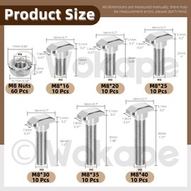 Wokape 60 Sets M8 T-Slot Drop-in Stud Sliding Bolts Kit,16/20/25/30/35/40MM Nickel Plated Carbon Steel Hammer Head T-Bolt W Flange Nuts for 40 Series European Standard Aluminum Profile