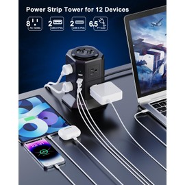Surge Protector Power Strip Tower with 8 AC Outlets 4 USB Ports(2 Type C), 6.5 FT Ultra Flat Extension Cord, Flat Plug Power Strips Tower with Surge Protection for Home, Office, Dorm