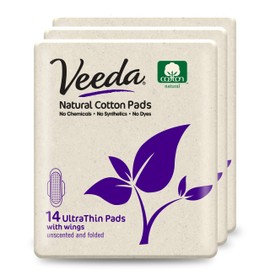Veeda Ultra Thin Super Absorbent Day Pads Are Always Chlorine Pesticide Dye and Fragrance Free Natural Cotton Sanitary Napkins, 3 Packs of 14 Count Each