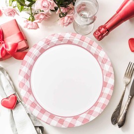 FALIZIFU 50 Pcs Light Pink Gingham Paper Plates 7 Inch Disposable Checkered Dinner Plates for Wedding Baby Shower Birthday Party Supplies Disposable Dessert Plate