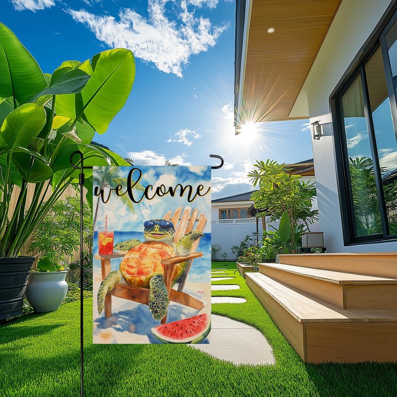 Summer Welcome Sea Turtle Garden Flag, Cute Turtle On Beach