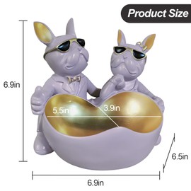 Huhote Bulldog Lovers Candy Bowl Decor，Heart-shaped Key Holder Bowl Candy Dish, Bulldog Accessories, Resin Bulldog Statue for Office Desk Home Decor Figurines Entryway Table Decor (Purple Grey)