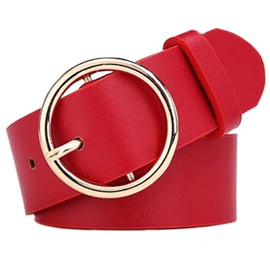 MESHIKAIER Women Fashion PU Leather Belt Casual Waist Belt with Round Metal Buckle (Red)