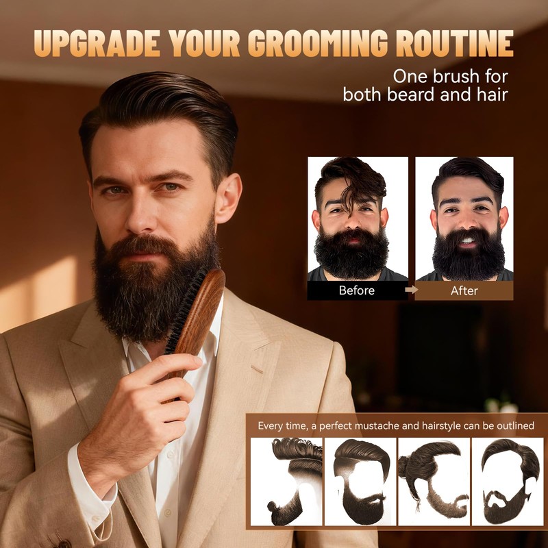Boar Bristle Slick Back Hair Brush for Men, Women, Natural