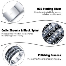 A ANGG 925 Sterling Silver Women Rings with White Cubic Zirconia and Black Spinel High Polish Vintage Statement Rings for Women Girls as Gifts Size 6-10