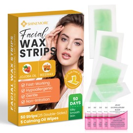 Facial Wax Strips for Hair Removal: Fast Working and Gentle for Face, Eyebrow, Upper Lip, Chin - Hypoallergenic for All Skin Types 50 Waxing Strips + 5 Wipes