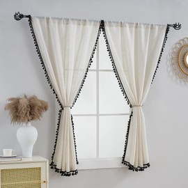 VOILYBIRD Short Curtains for Small Window Natural Linen Blended Farmhouse Curtains Country Style 45 Inch Length for Kitchen, W40 x L45, Black Tassel, 2 Panels Set
