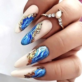 Press on Nails Medium Almond False Nails Blue Marbling Fake Nails Artificial Acrylic Nails Marbling Design French Stick on Nails 24Pcs Full Cover Glossy Reusable Coffin Nails Glue on Nails for Women