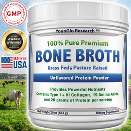 YounGlo Research - Bone Broth Beef Protein Powder - 1.25 lb / 20 oz, Unflavored - Made in USA - High Collagen & Gelatin from Grass Fed Bovine - Nutritious Marrow Benefits - Soups, Paleo & Keto Diets