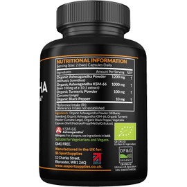 Organic Ashwagandha Capsules 1200mg - Boosted with 1000mg of Organic KSM-66 with 5% Withanolides (from 100mg Extract Ratio 10:1) - Added Turmeric 100mg and Black Pepper - UK Manufactured