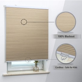 Cordless Cellular Shades Blackout Honeycomb Blinds Fabric Window Shades 24" W x 36" H, Ivory Beige(Blackout)