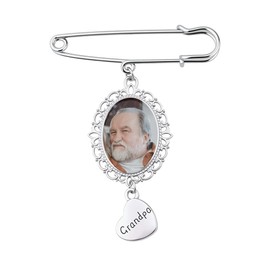 Pliwcas Grandpa Wedding Bouquet Picture Charm Wedding Memory Pin for Groom Memorial Photo Charm for Grandfather of Bride Groom Memorial Picture Frame Brooch Pin with Heart Pendant