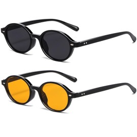 YouthMall Retro Oval Sunglasses for Women Men Trendy Small Face Round Sunnies 90s Vintage Style UV400 Protection (Black/Grey+Black/Orange)