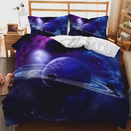 CIUNVXD Children's Space Themed Bedding Set, Planet Bed Linen, 135 x 200, 3D Space Starry Sky Universe Children's Bed Linen, Planet, Night Sky, Universe Duvet Cover